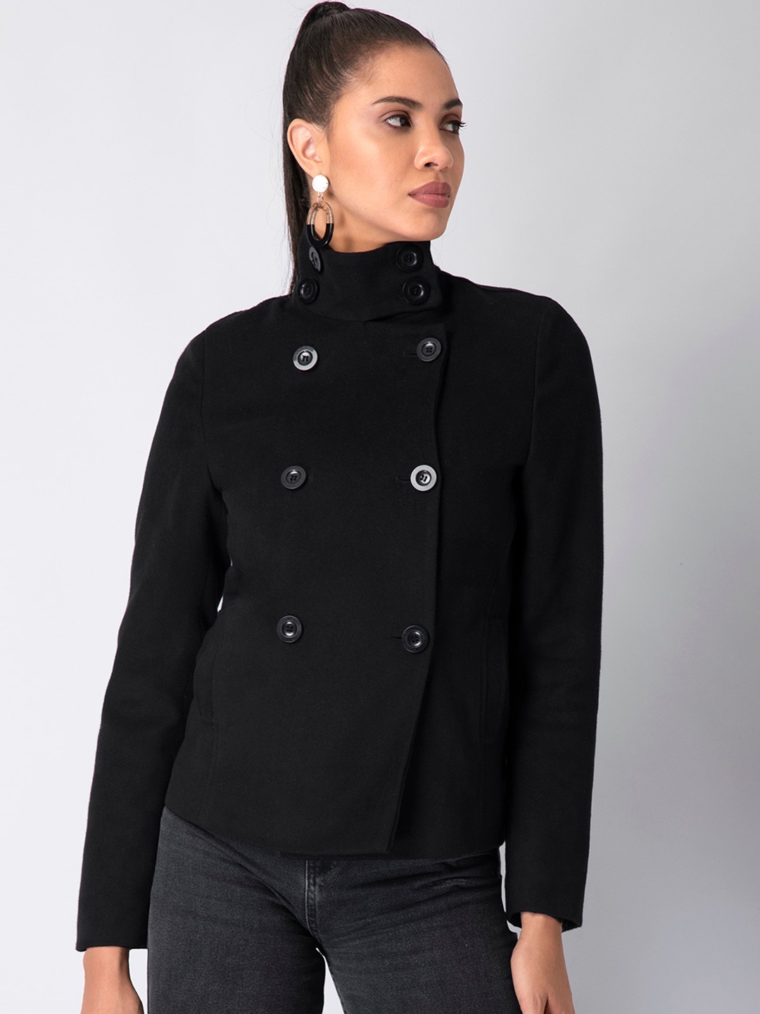 

FabAlley Women Black Solid Wrap Buttoned Coat