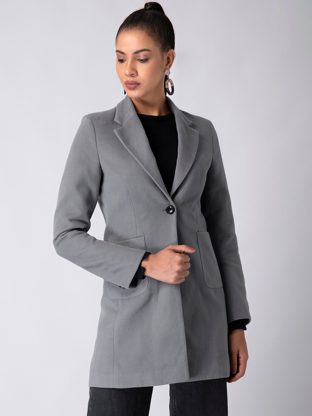 

FabAlley Women Grey Solid Longline Trench Coat
