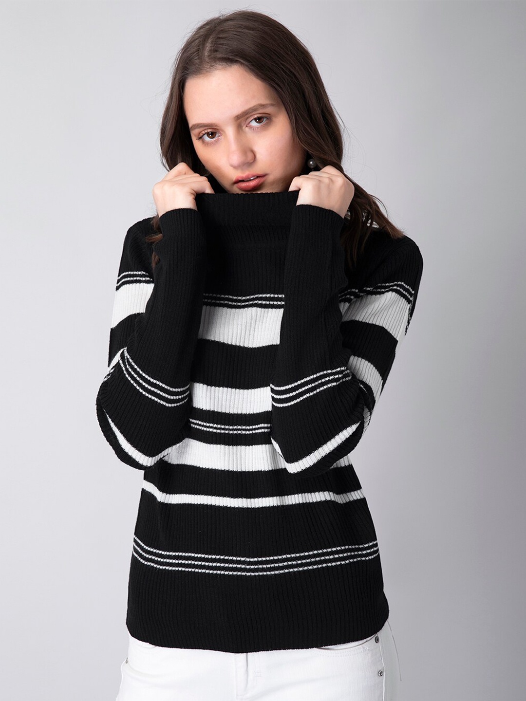 

FabAlley Women Black & White Acrylic Striped Pullover