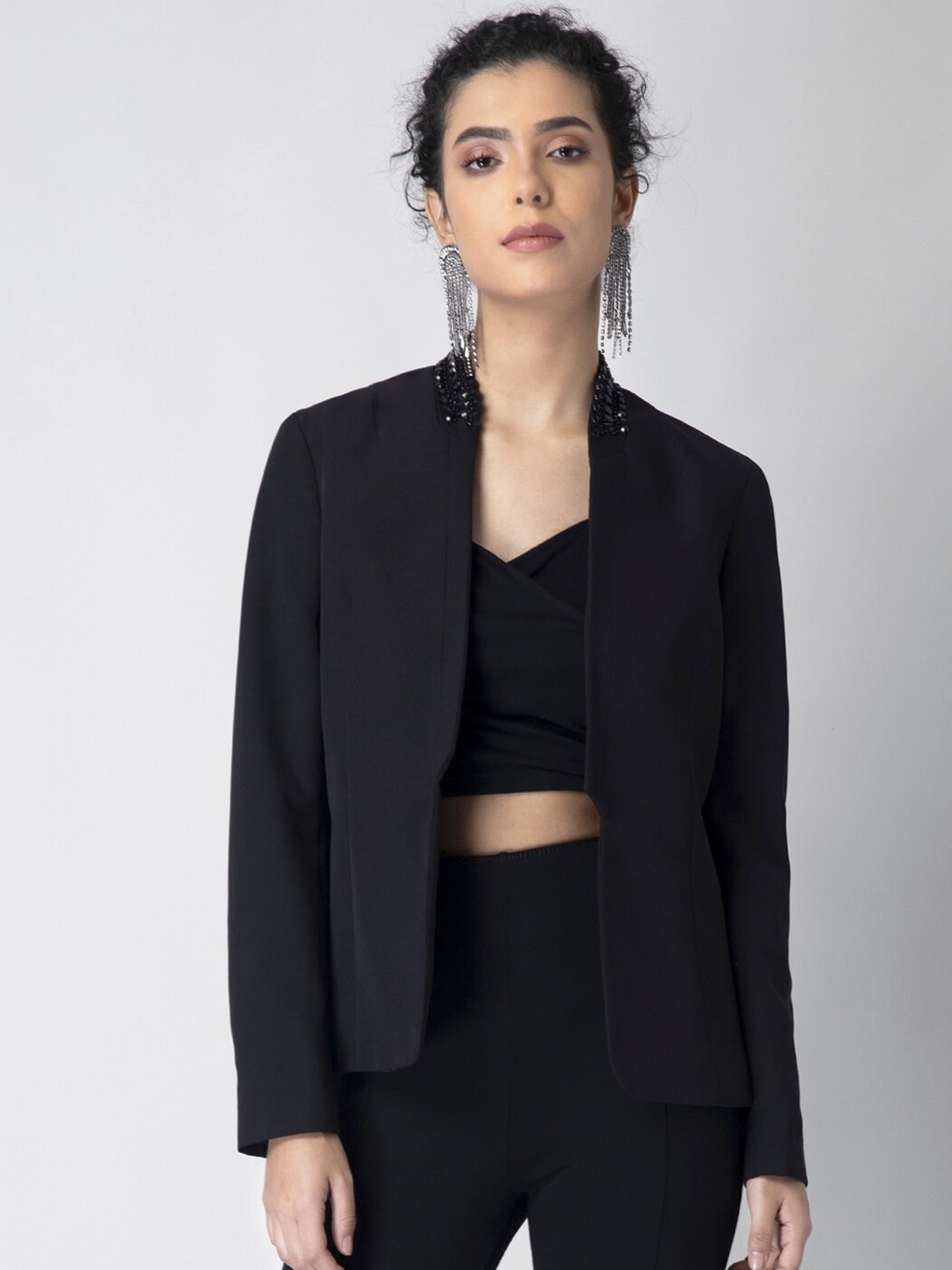 

FabAlley Women Black Solid Open Front Blazer