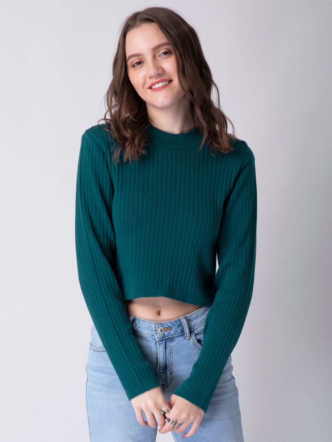 

FabAlley Women Teal Round Neck Crop Pullover