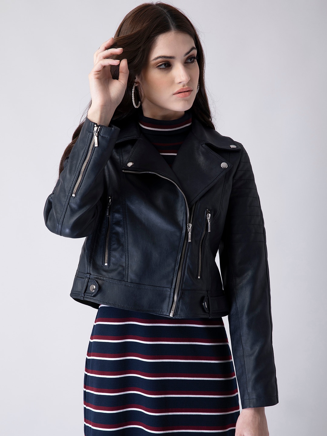 

FabAlley Women Blue Crop Biker Jacket