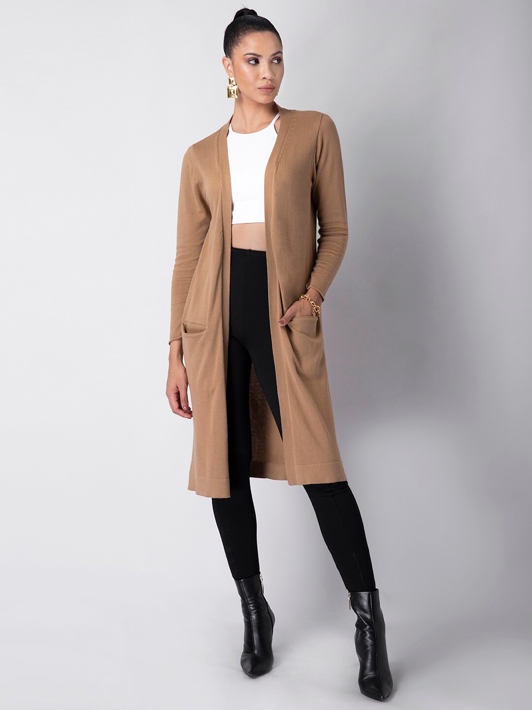 

FabAlley Women Brown Sand Knit Longline Pure Cotton Shrug