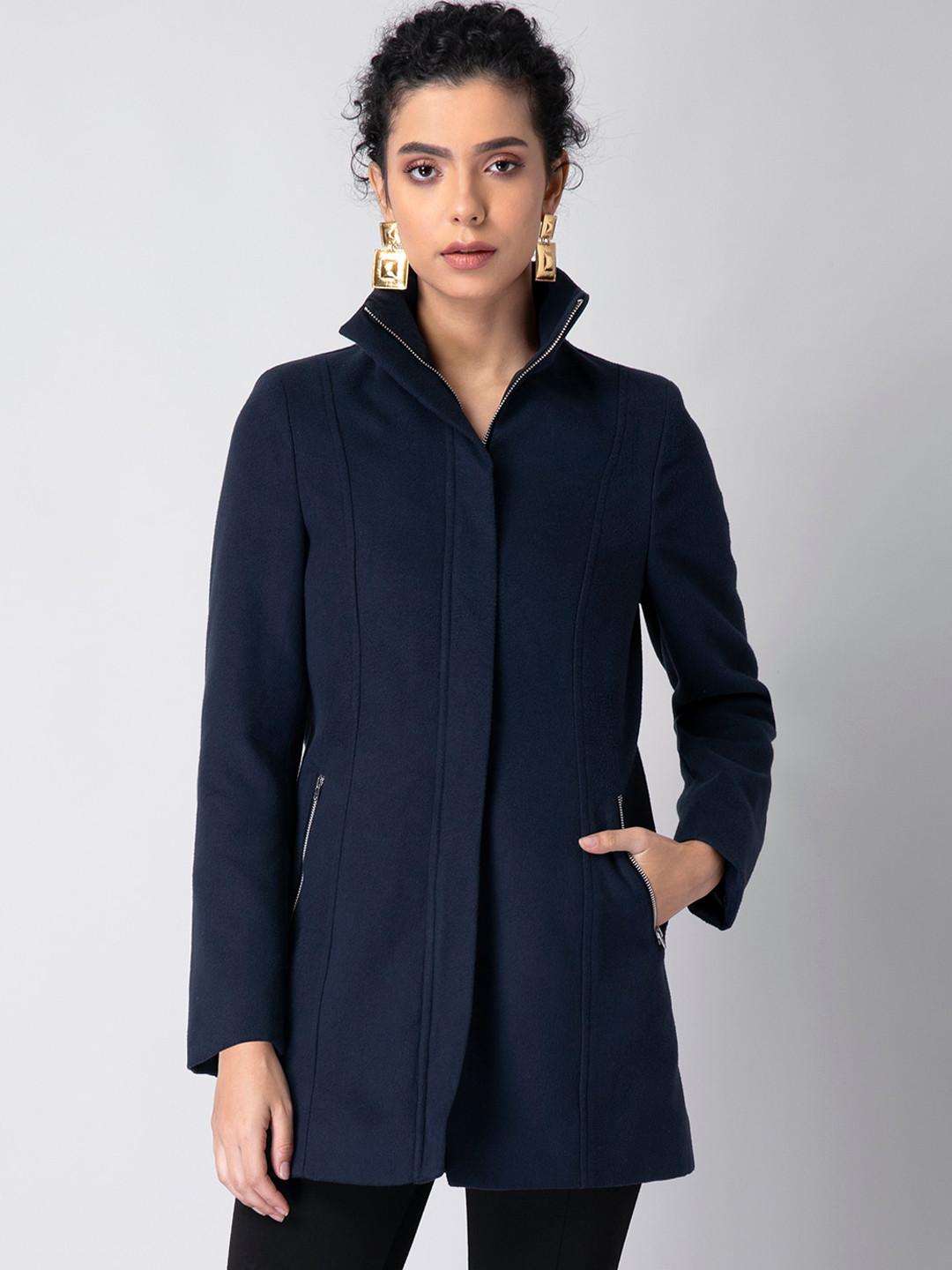 

FabAlley Women Navy Blue Solid Coat