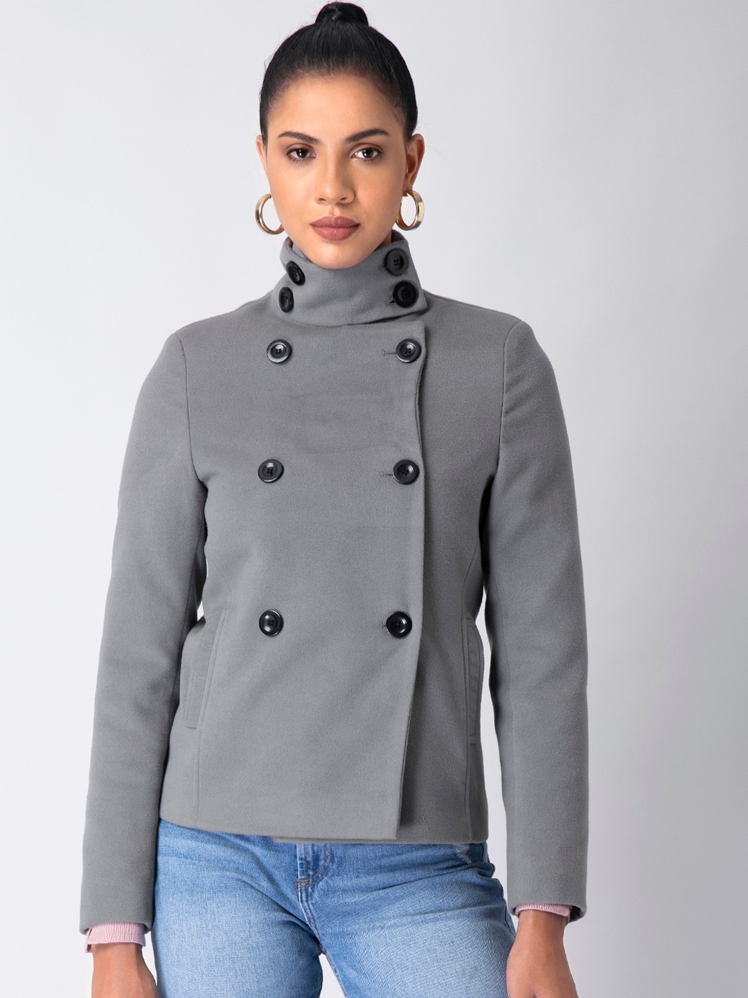 

FabAlley Women Grey Solid Double Breasted Wrap Coat
