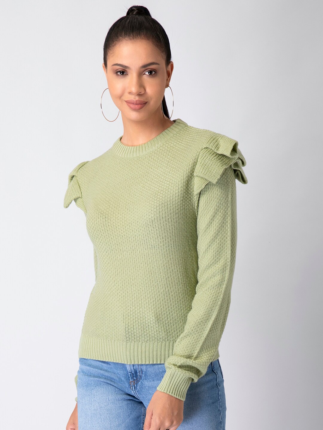

FabAlley Women Green Ruffled Pullover