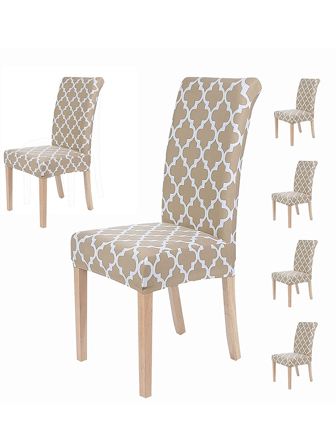

HOUSE OF QUIRK Set Of 6 Beige & White Printed Elastic Stretch Removable Chair Cover Set