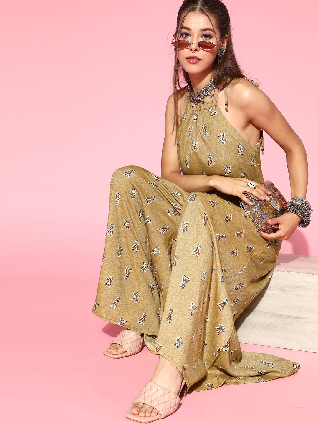 

AHIKA Women Classy Beige Printed Ethnic Jumpsuit