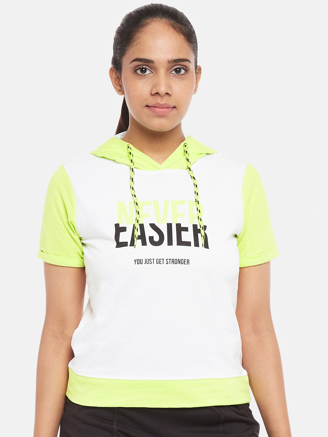 

Ajile by Pantaloons Women White & Green Typography Pure Cotton Printed T-shirt