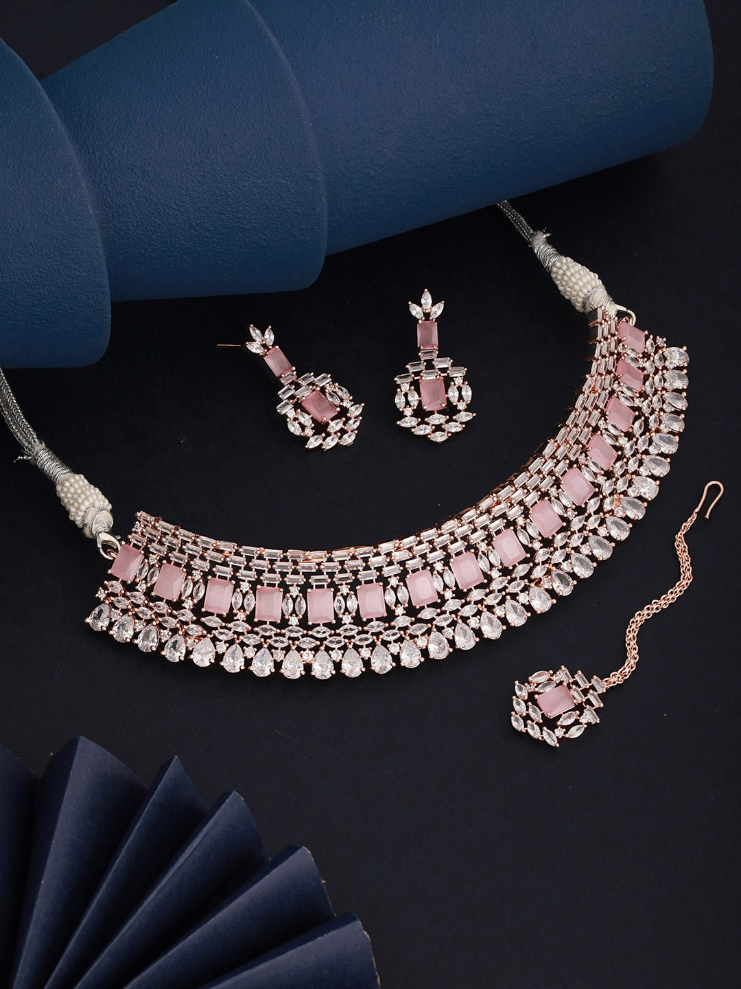 

Saraf RS Jewellery Rose Gold-Plated & Pink AD Studded Handcrafted Jewellery Set