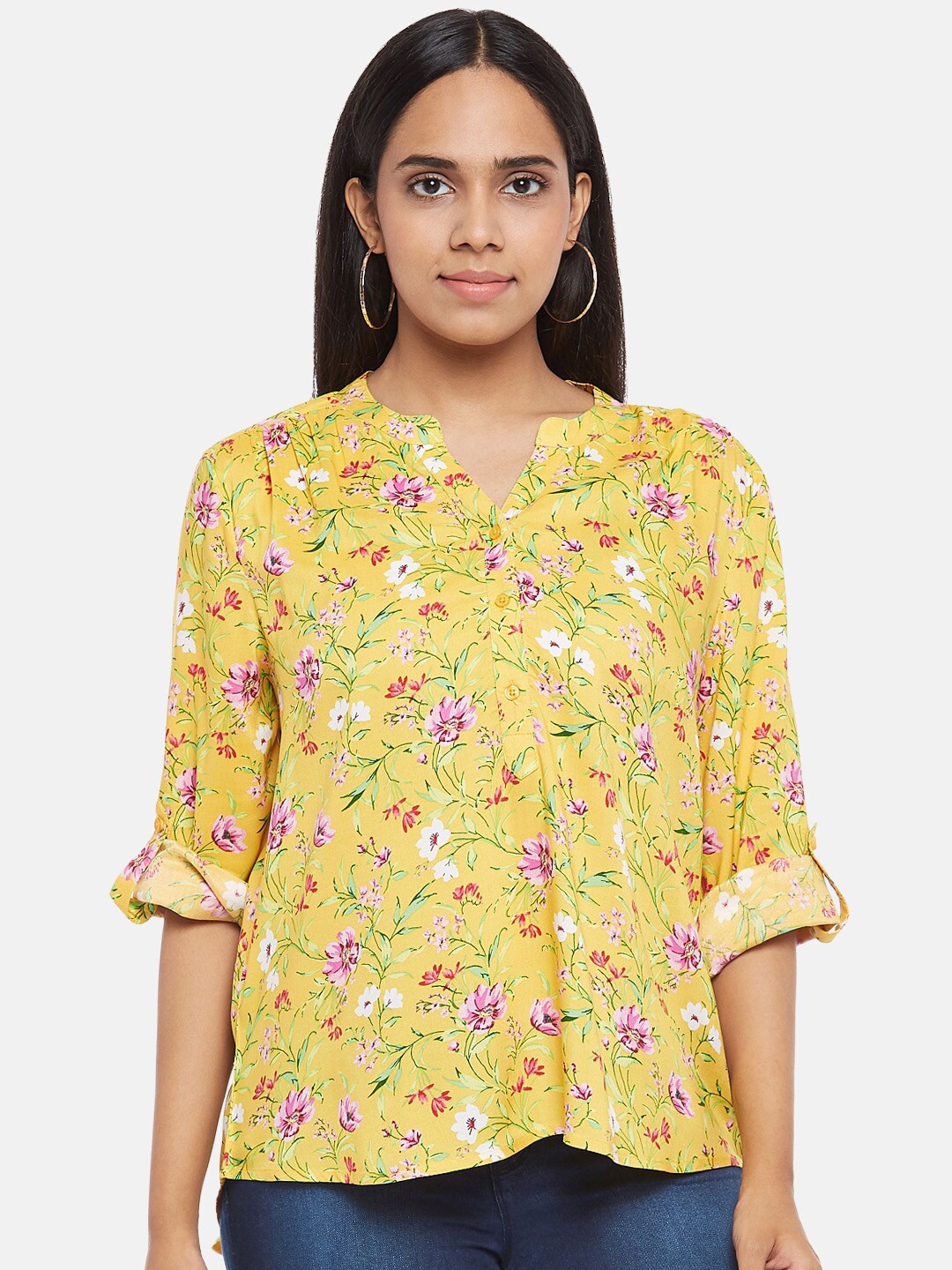 

Honey by Pantaloons Mustard & Green Viscose Rayon Printed Tunic