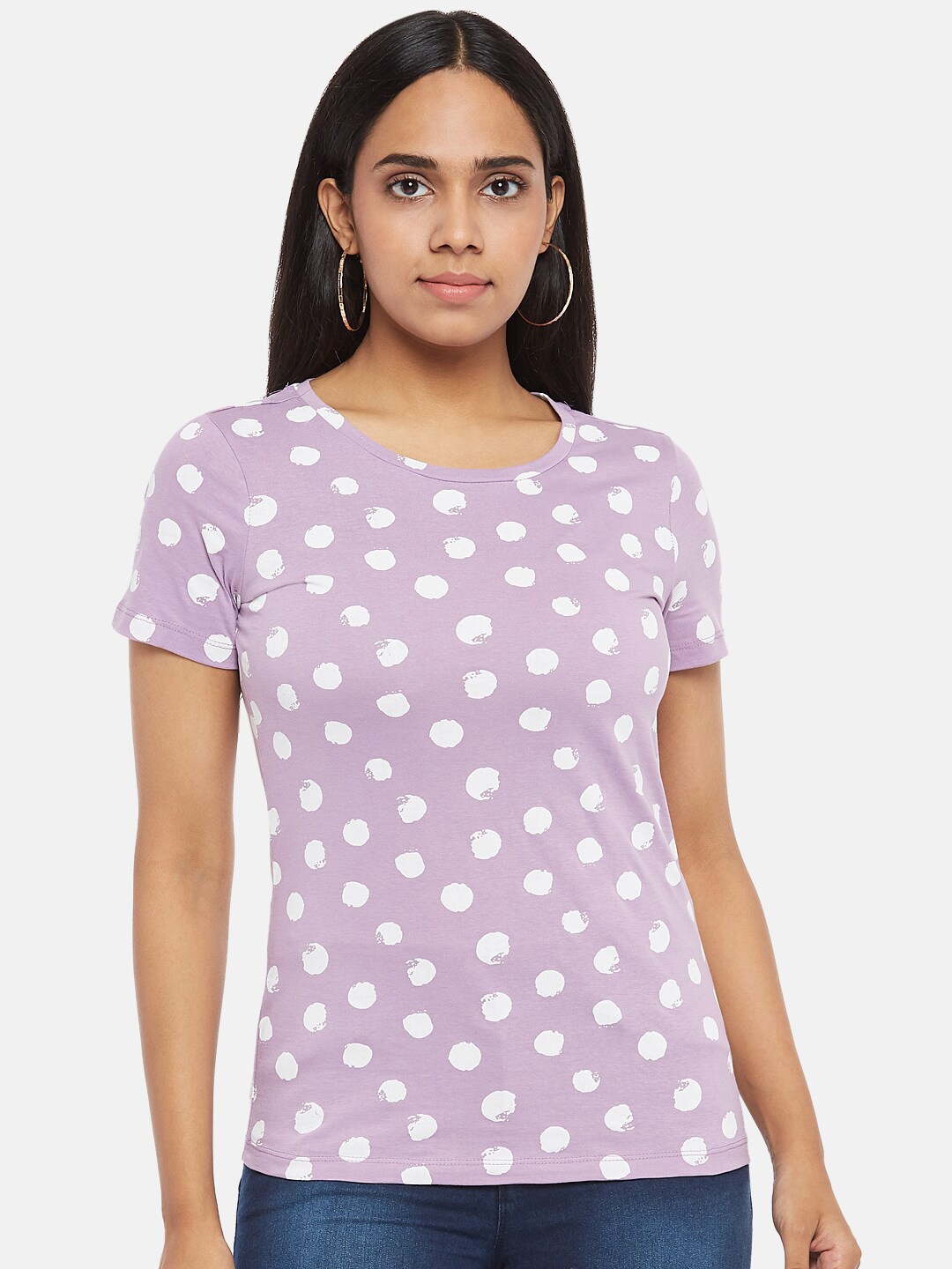 

Honey by Pantaloons Women Lavender & White Printed Pure Cotton T-shirt