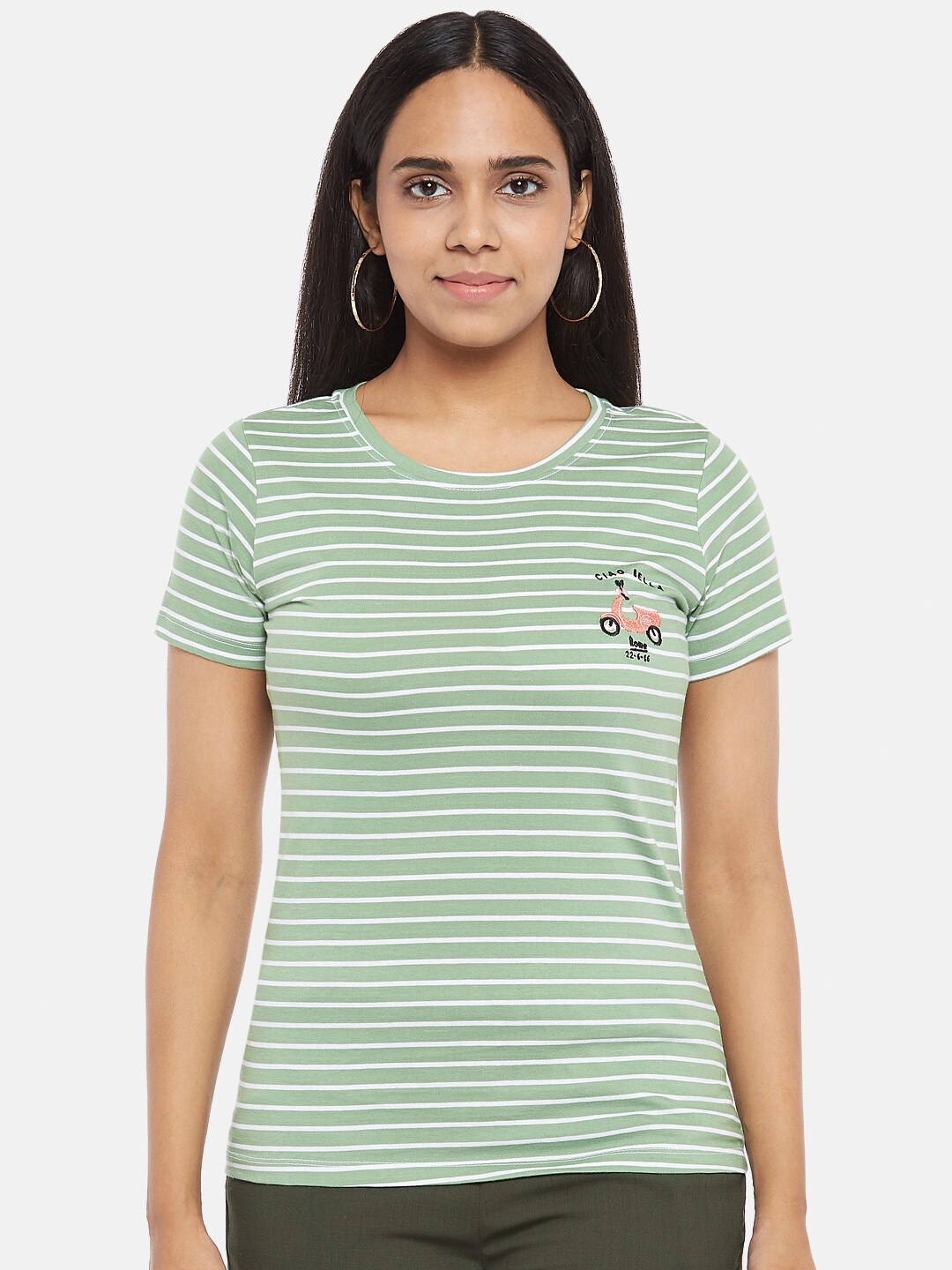 

Honey by Pantaloons Women Green Striped Cotton T-shirt