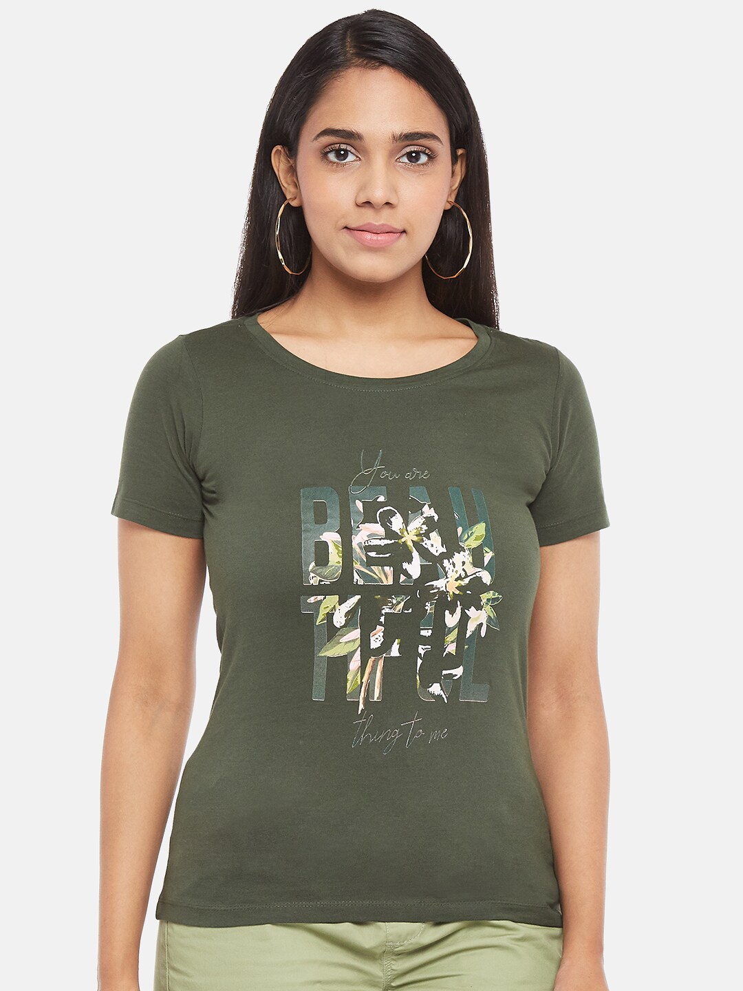 

Honey by Pantaloons Women Olive Typography Printed Pure Cotton T-shirt