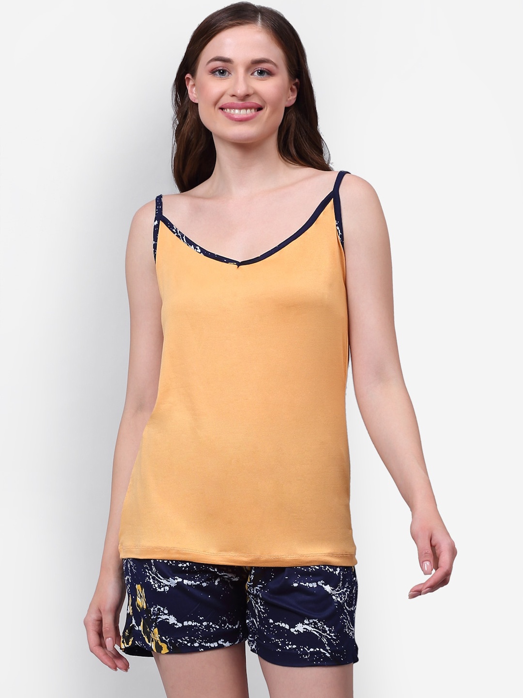 

NEUDIS Women Yellow & Navy Blue Printed Night suit