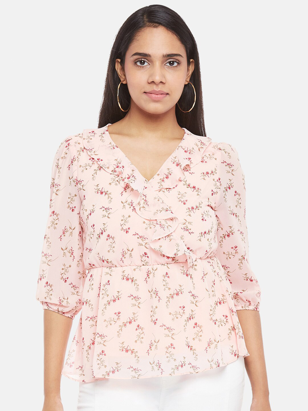 

Honey by Pantaloons Coral Floral Printed Pure Silk Georgette Wrap Top