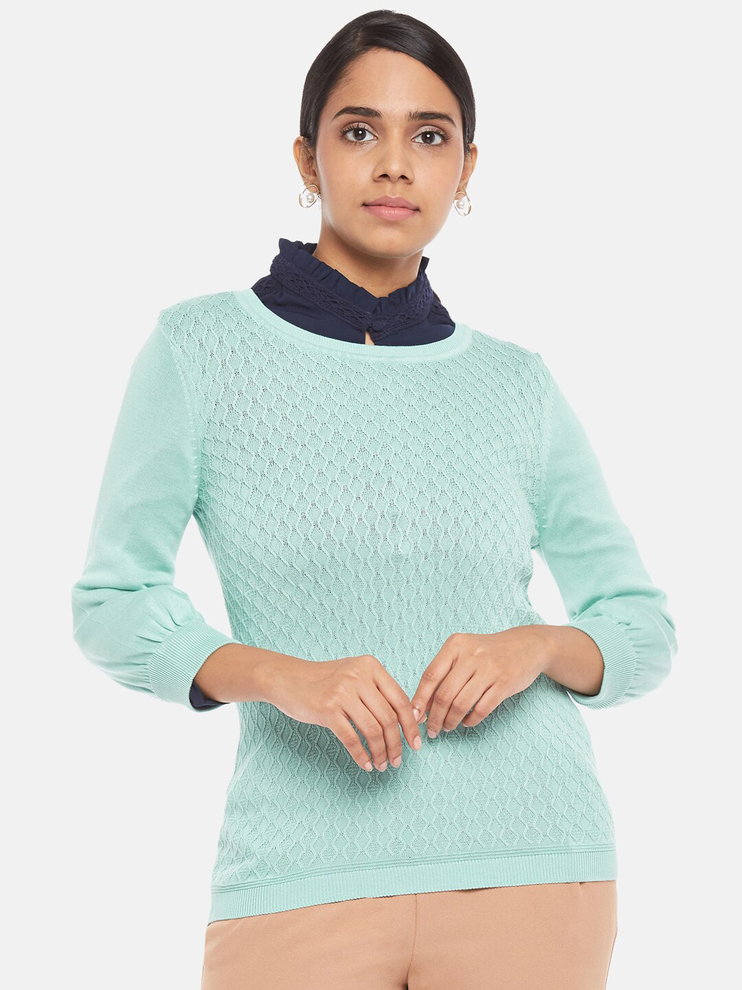 

Annabelle by Pantaloons Turquoise Blue Self design Regular Top