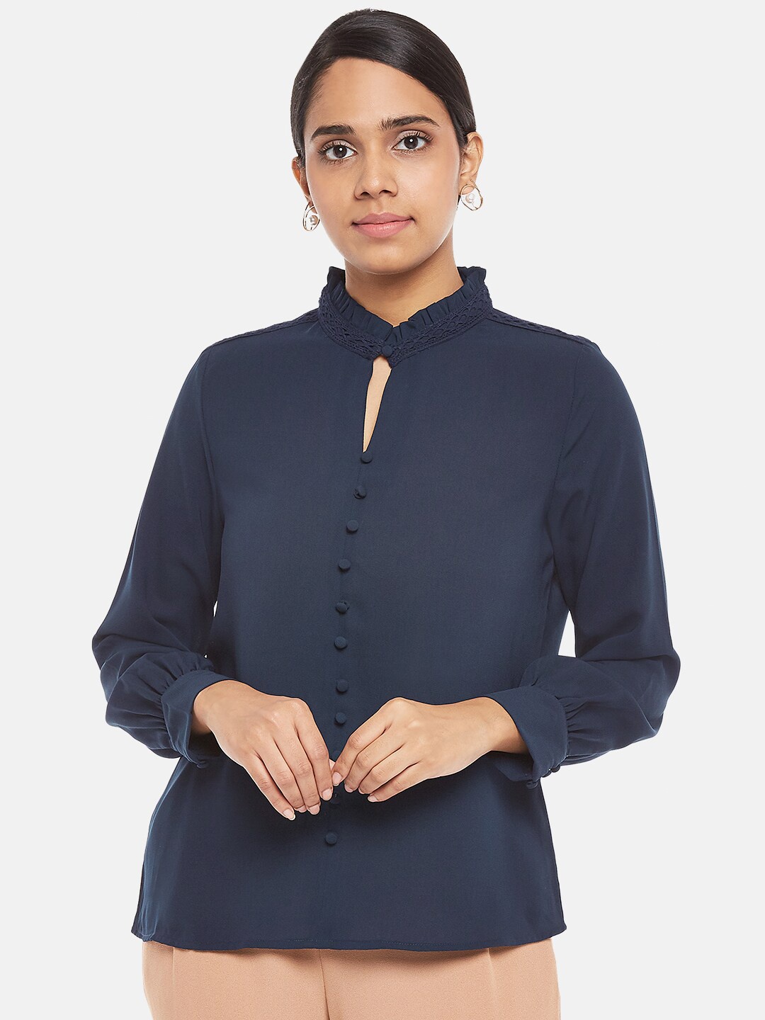 

Annabelle by Pantaloons Navy Blue Mandarin Collar Regular Top