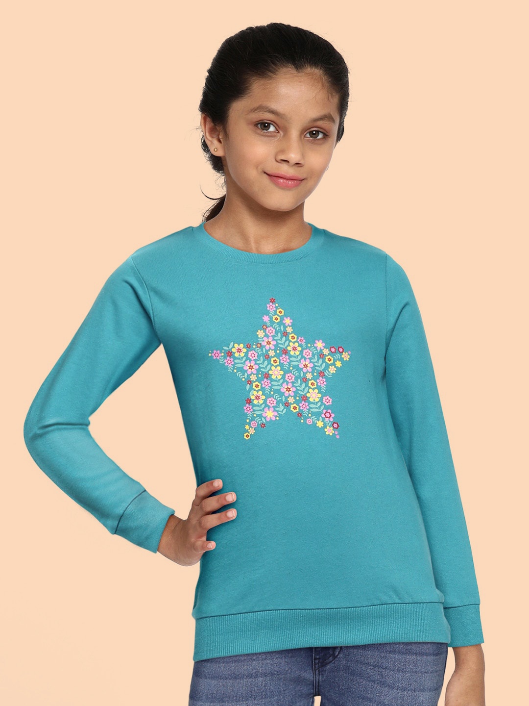 

HERE&NOW Girls Teal Blue Pure Cotton Sweatshirt