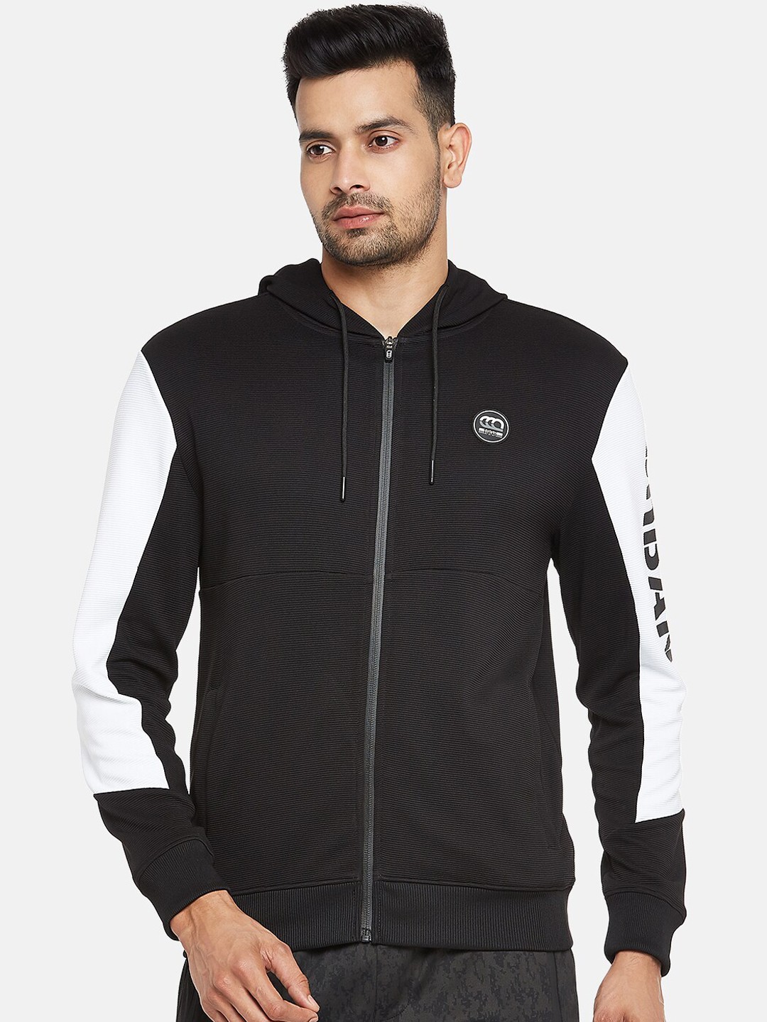

Ajile by Pantaloons Men Black & White Colourblocked Front-Open Sweatshirt