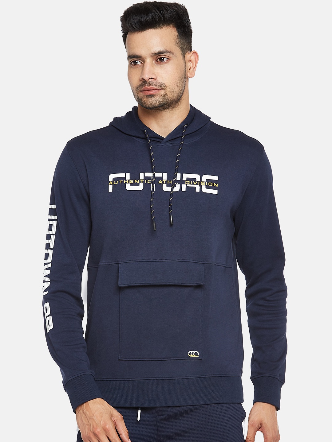 

Ajile by Pantaloons Men Navy Blue Printed Pure Cotton Hooded Sweatshirt