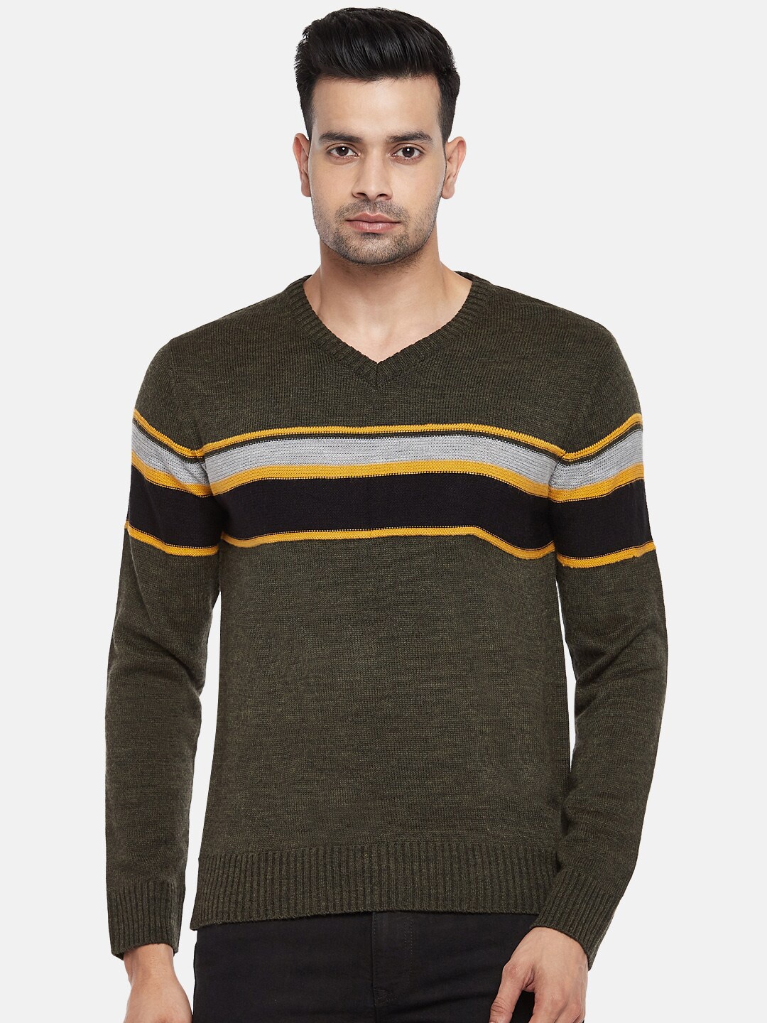 

BYFORD by Pantaloons Men Green & Black Acrylic Striped Pullover