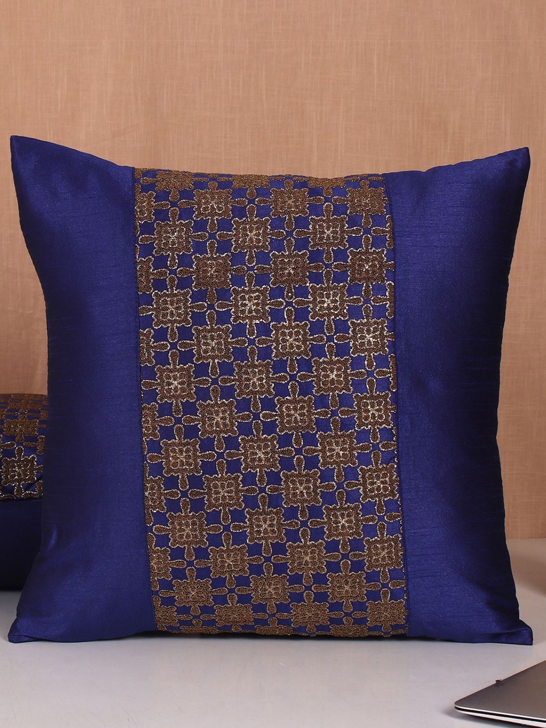 

Molcha Set Of 5 Blue & Brown Embellished Quilted Square Cushion Covers