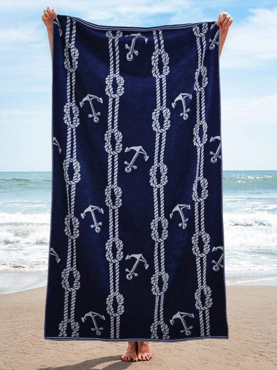 

Trident Blue & White Printed Jacquard 450 GSM Antimicrobial Pure Cotton Beach Towel