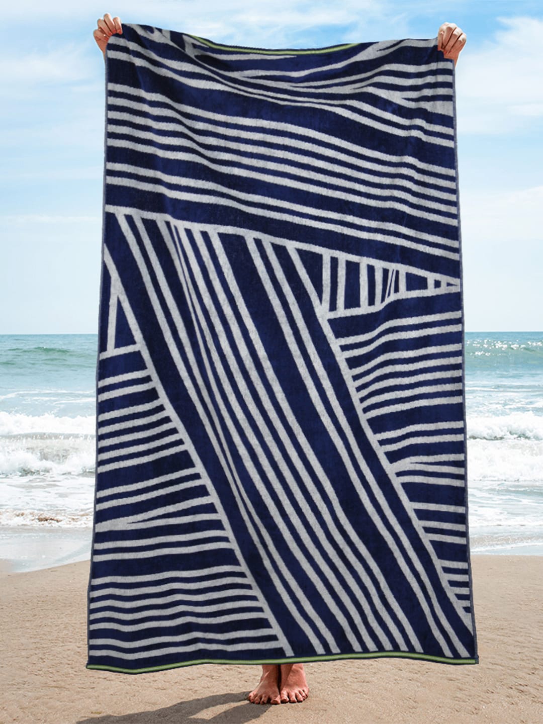 

Trident Navy Blue & White Striped Cotton 450 GSM Antimicrobial Beach Towel