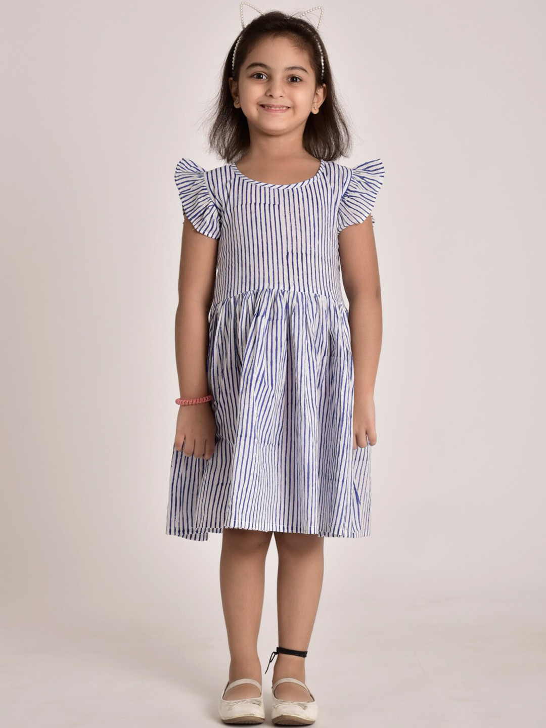 

CUTE LEMONS Blue & White Striped Fit & Flare Dress