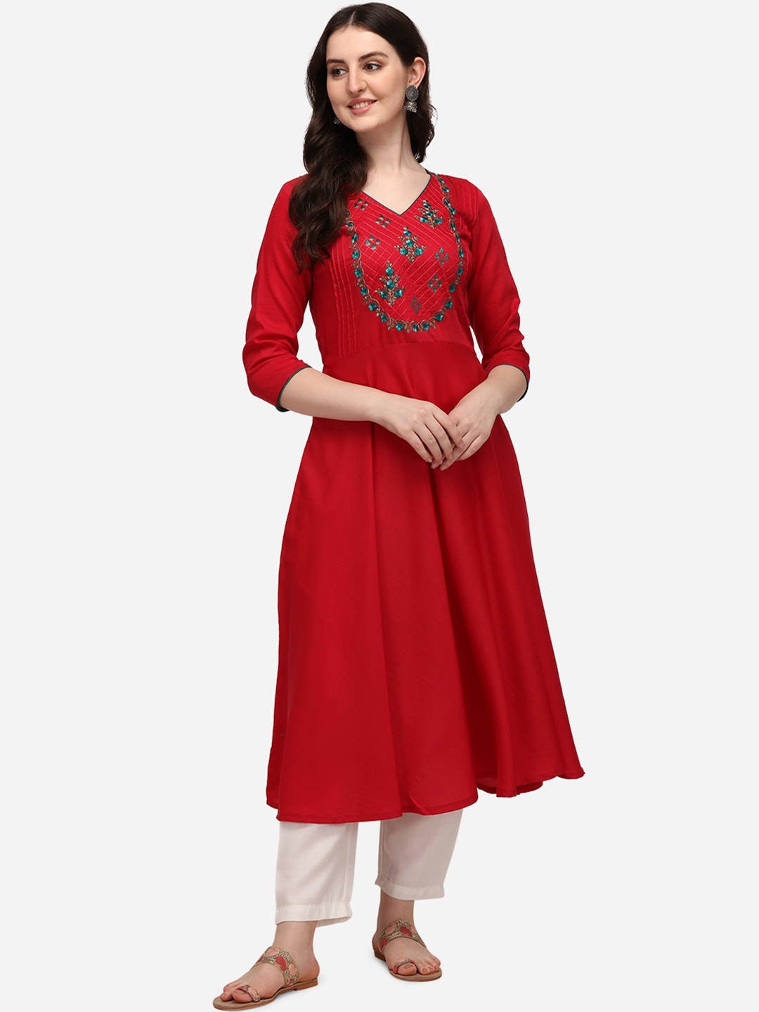 

Florence Women Red & Green Floral Yoke Design Thread Work Floral Anarkali Kurta