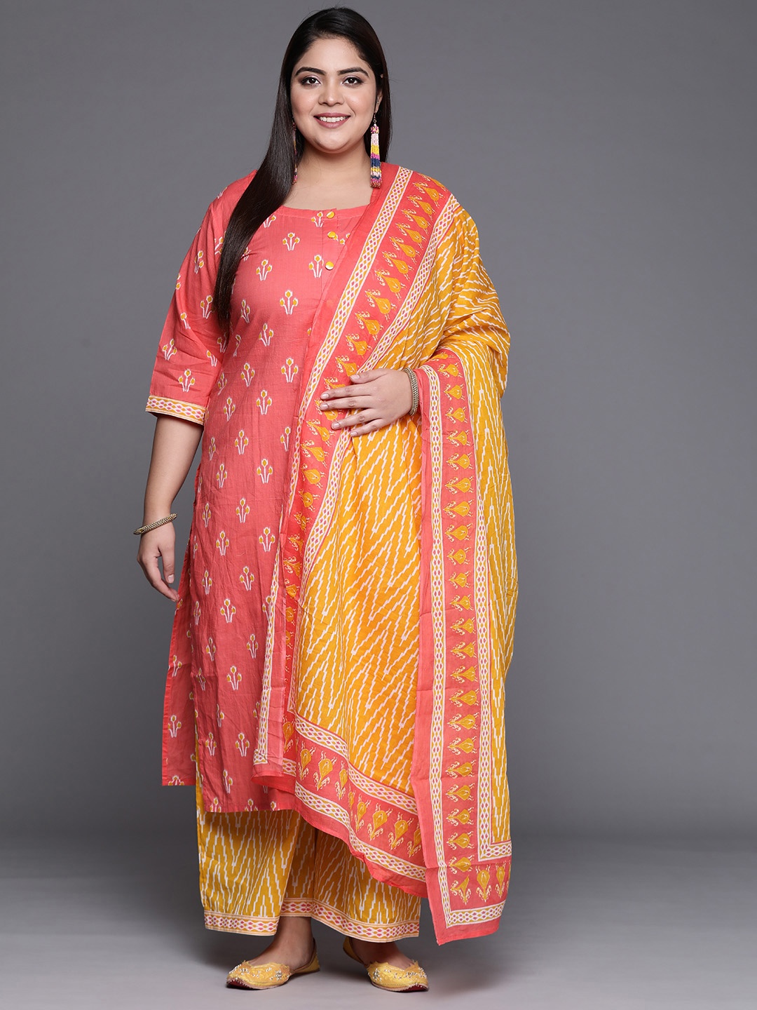 

EXTRA LOVE BY LIBAS Women Plus Size Pink & Yellow Floral Printed Pure Cotton Kurta Set