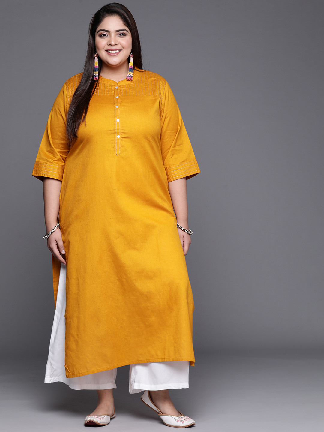 

EXTRA LOVE BY LIBAS Women Plus Size Yellow Cotton Kurta