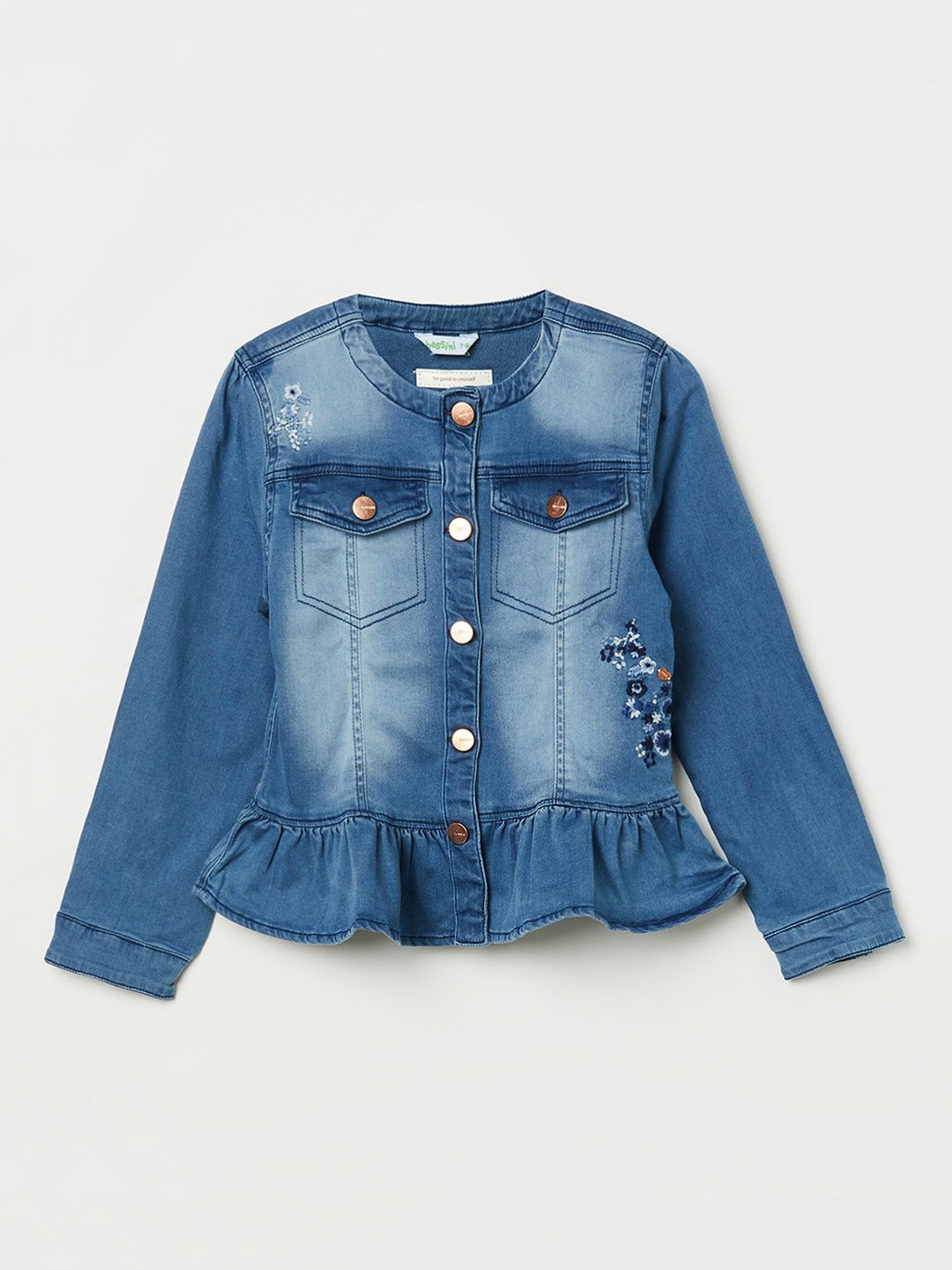 

Bossini Girls Blue Washed Crop Denim Jacket with Embroidered