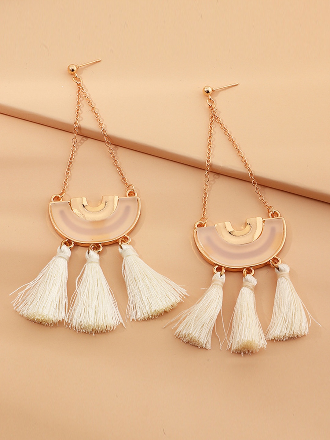 

URBANIC Gold-Toned & White Tasselled Geometric Drop Earrings
