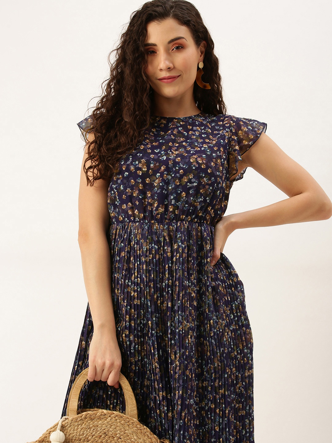 

Flying Machine Navy Blue Floral Print Cap Sleeves Accordian Pleats Fit & Flare Midi Dress