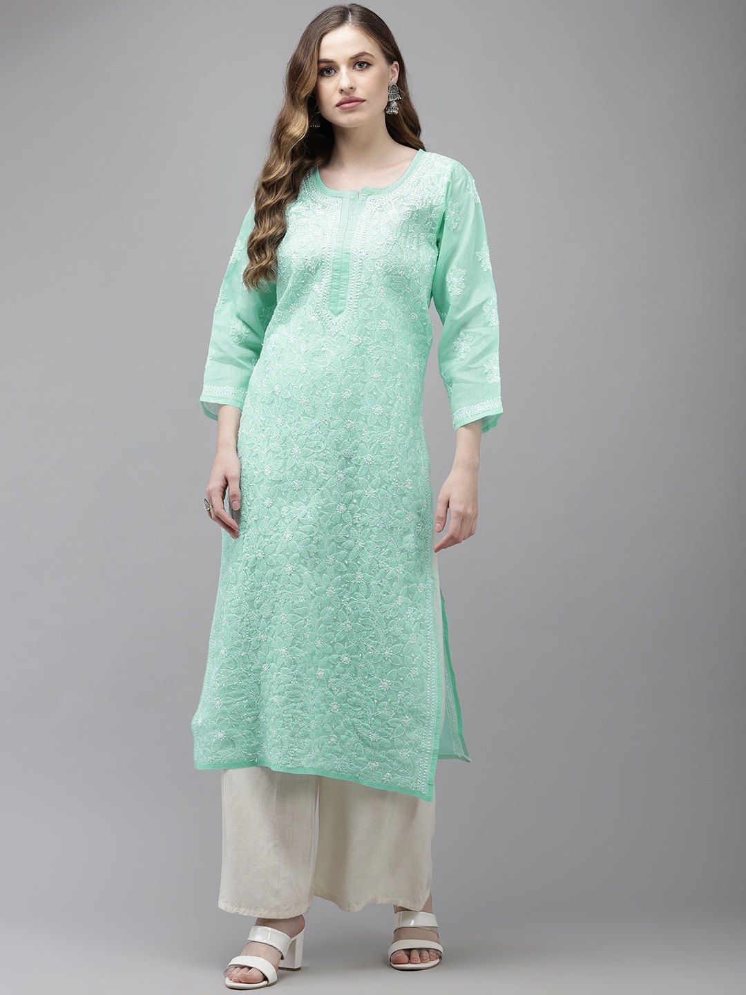 ADA Women Sea Green Floral Chikankari Floral Handloom Handloom Kurta