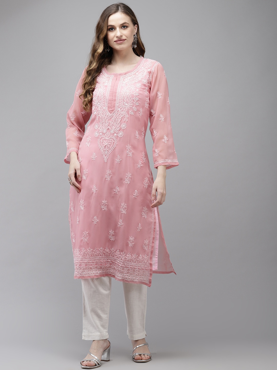 

ADA Women Pink Ethnic Motifs Chikankari Handloom Georgette Kurta with Slip