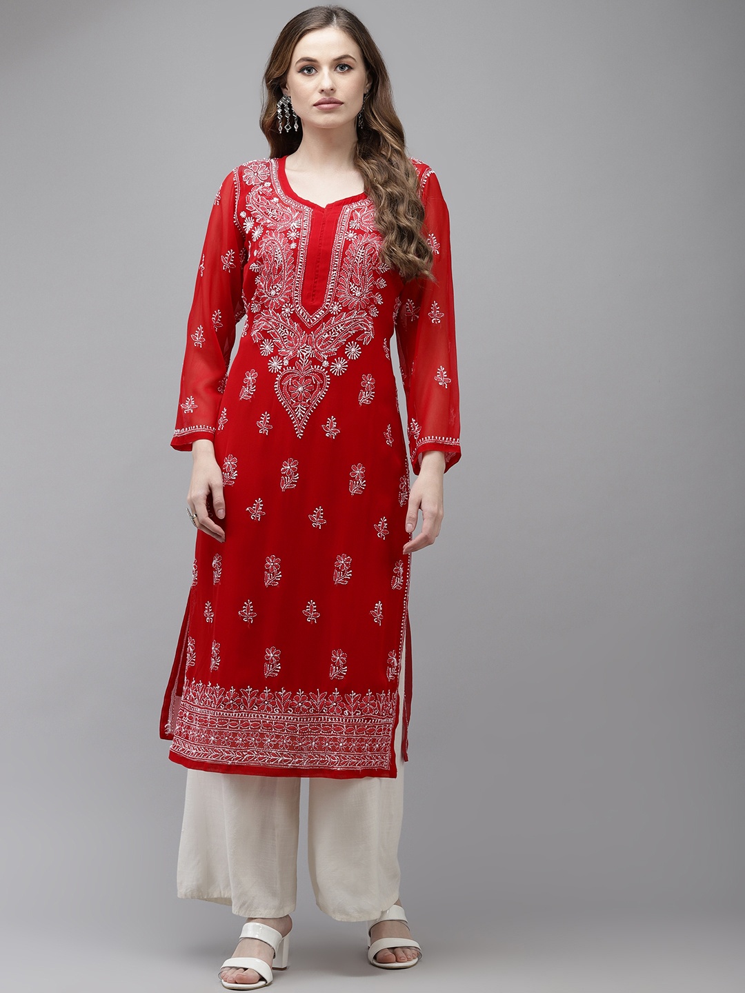 

ADA Women Red Ethnic Motifs Chikankari Georgette Handloom Georgette Kurta with Slip