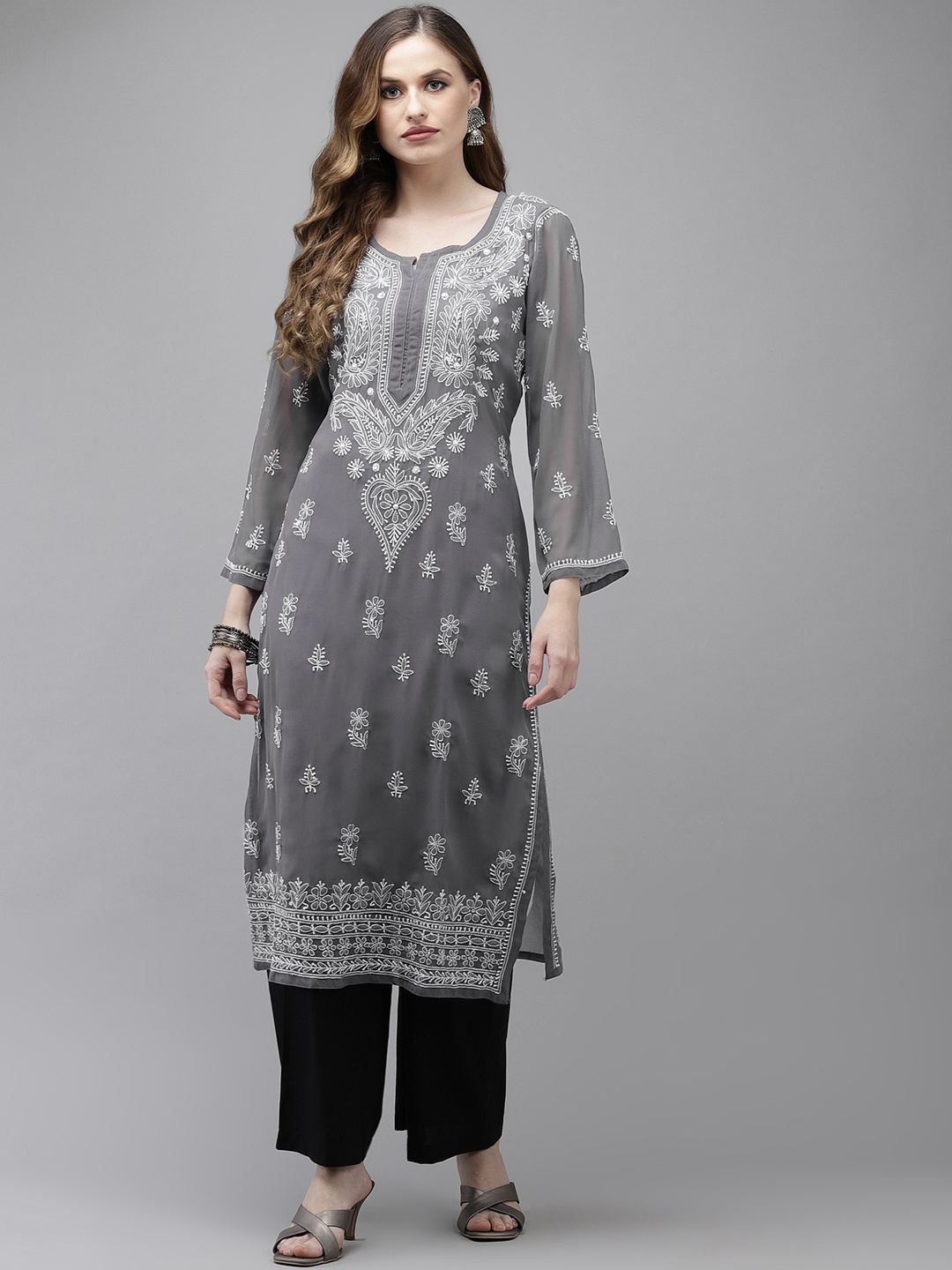 

ADA Women Grey Ethnic Motifs Chikankari Handloom Georgette Kurta with Slip