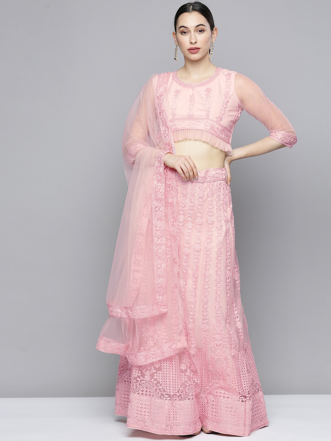 

Kvsfab Pink Embroidered Sequinned Semi-Stitched Lehenga & Unstitched Blouse With Dupatta