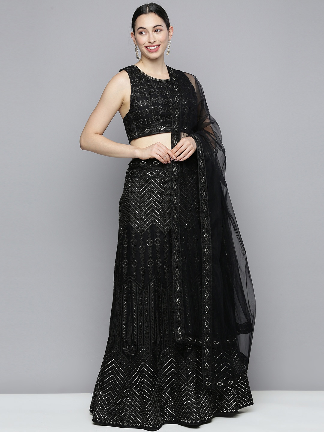 

Kvsfab Black Embroidered Sequinned Semi-Stitched Lehenga & Unstitched Blouse With Dupatta