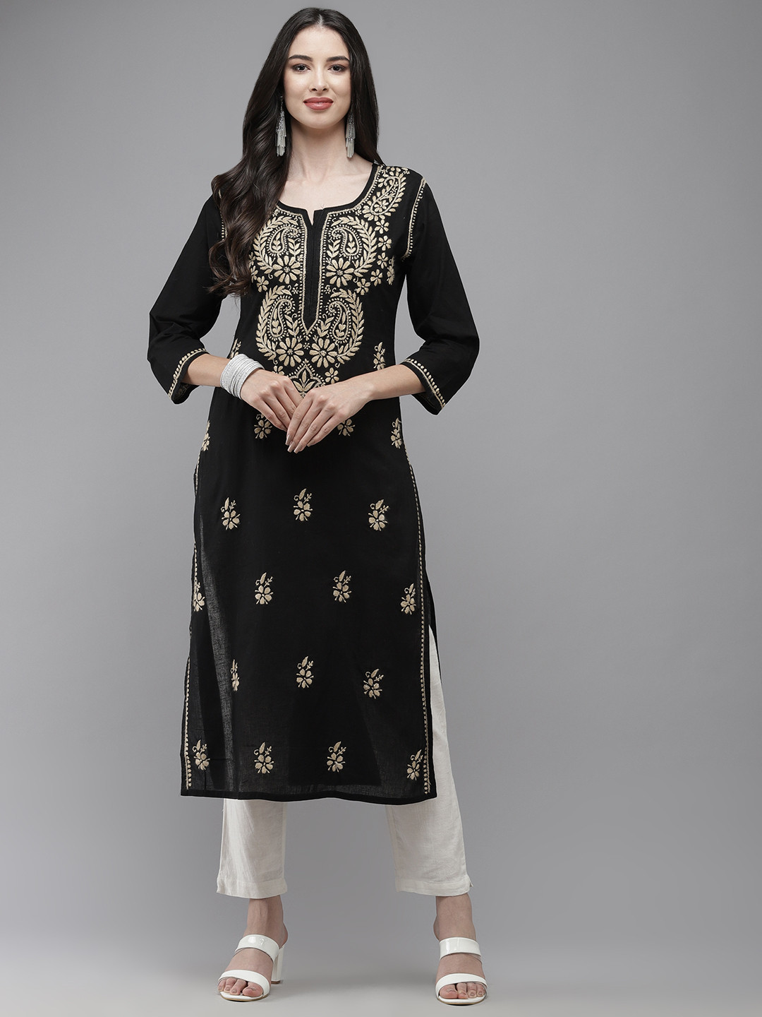 

ADA Women Black & Beige Ethnic Motifs Embroidered Thread Work Handloom Handloom Kurta