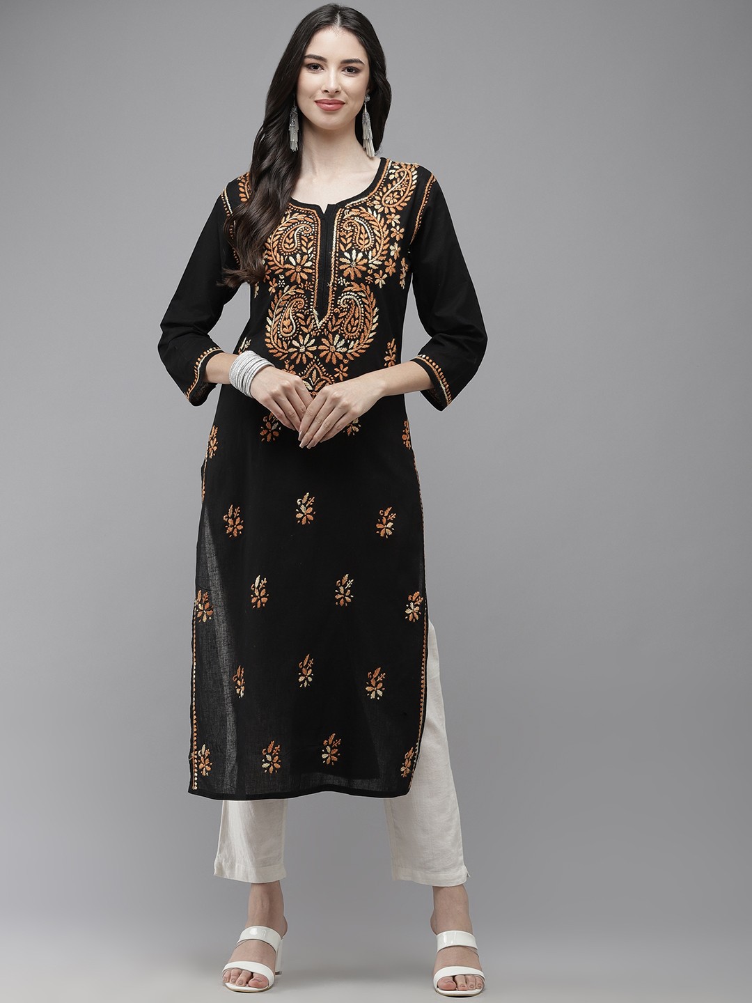 

ADA Women Black & Orange Ethnic Motifs Embroidered Thread Work Handloom Kurta