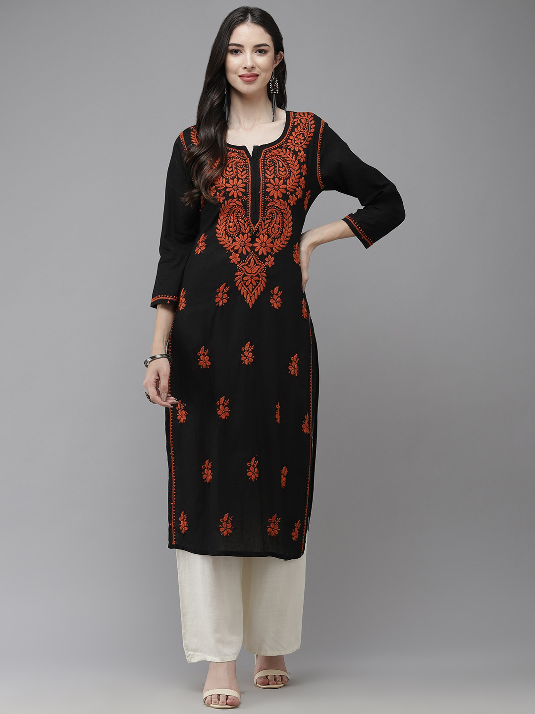 

ADA Women Black & Rust Ethnic Motifs Embroidered Thread Work Handloom Kurta