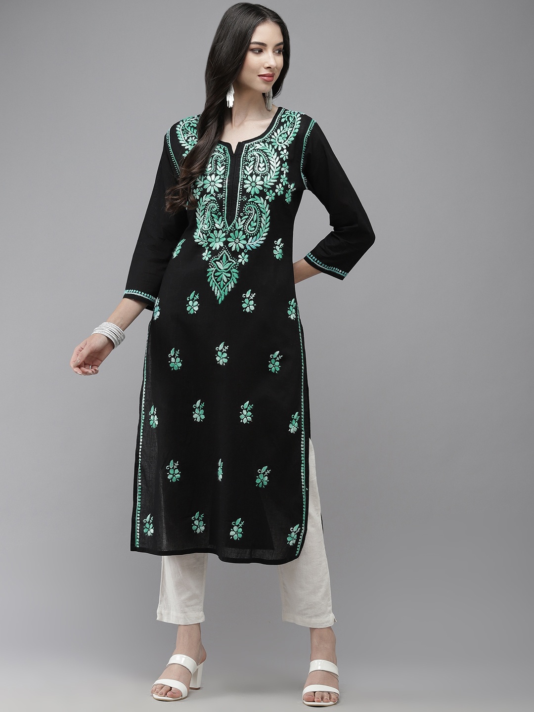 

ADA Women Black & Fluorescent Green Ethnic Motifs Embroidered Thread Work Handloom Handloom Kurta