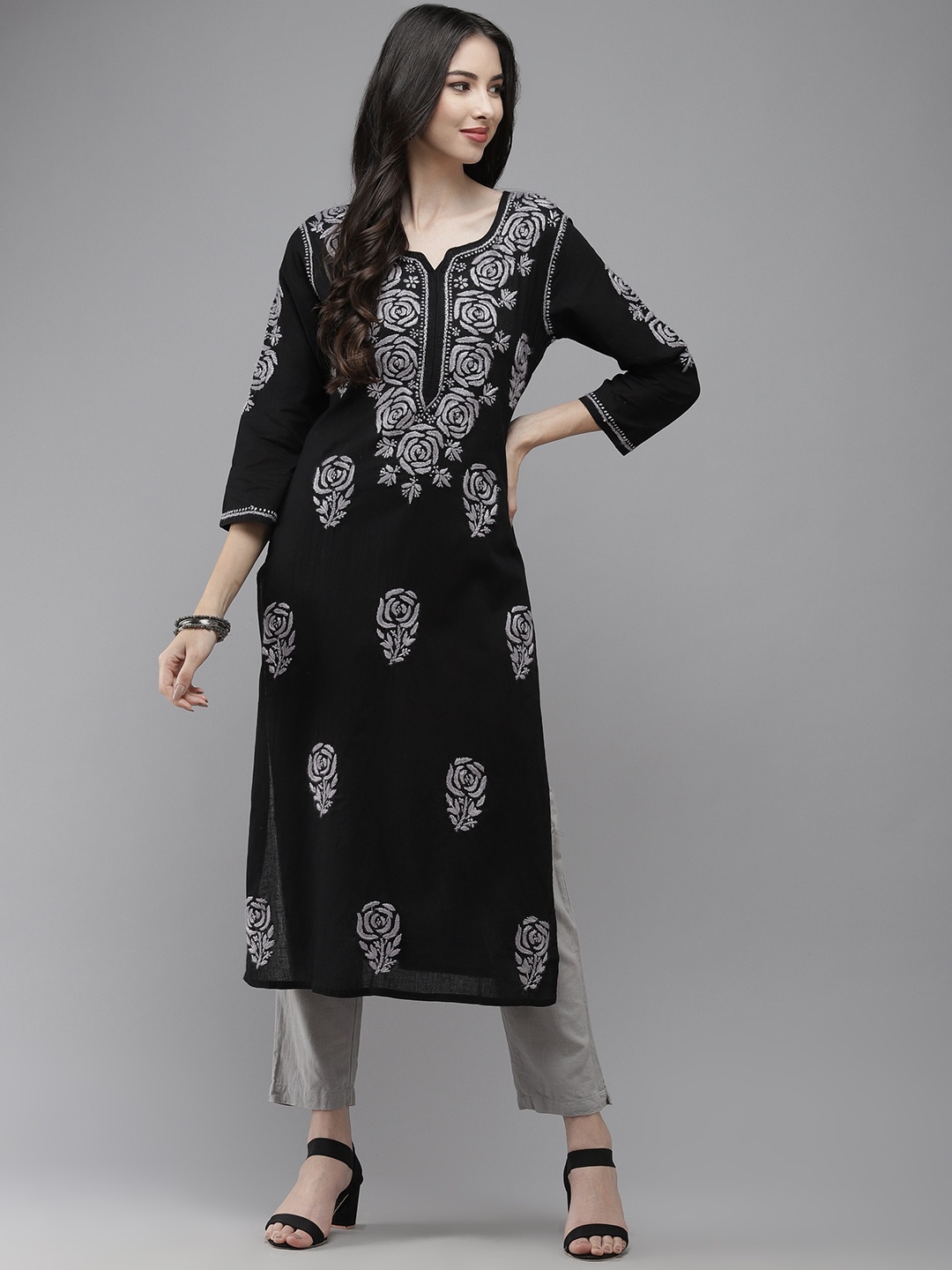 ADA Women Black & Grey Ethnic Motifs Embroidered Thread Work Handloom Kurta