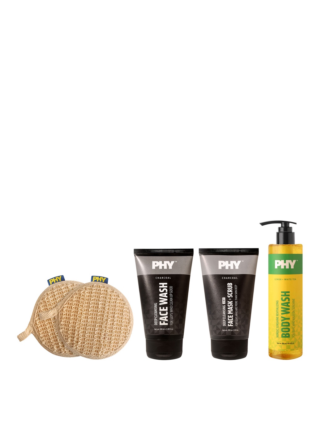 

Phy Men Set Of Face Wash-Scrub-Body Wash & 2 Loofahs, Yellow