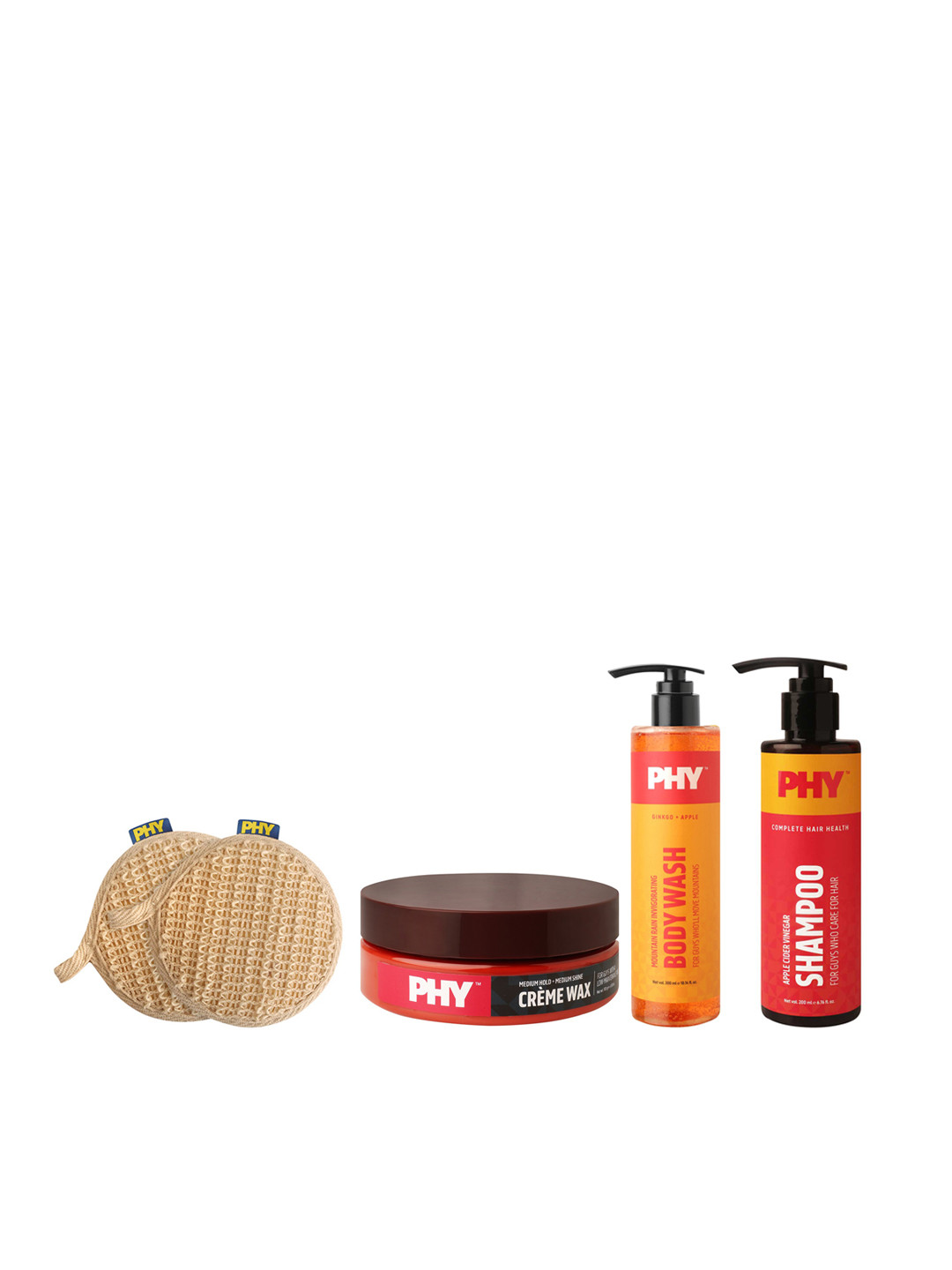 

Phy Men Set Of Invigorating Body Wash-Apple Cider Shampoo - Creme Wax Hair Gel & 2 Loofahs, Orange