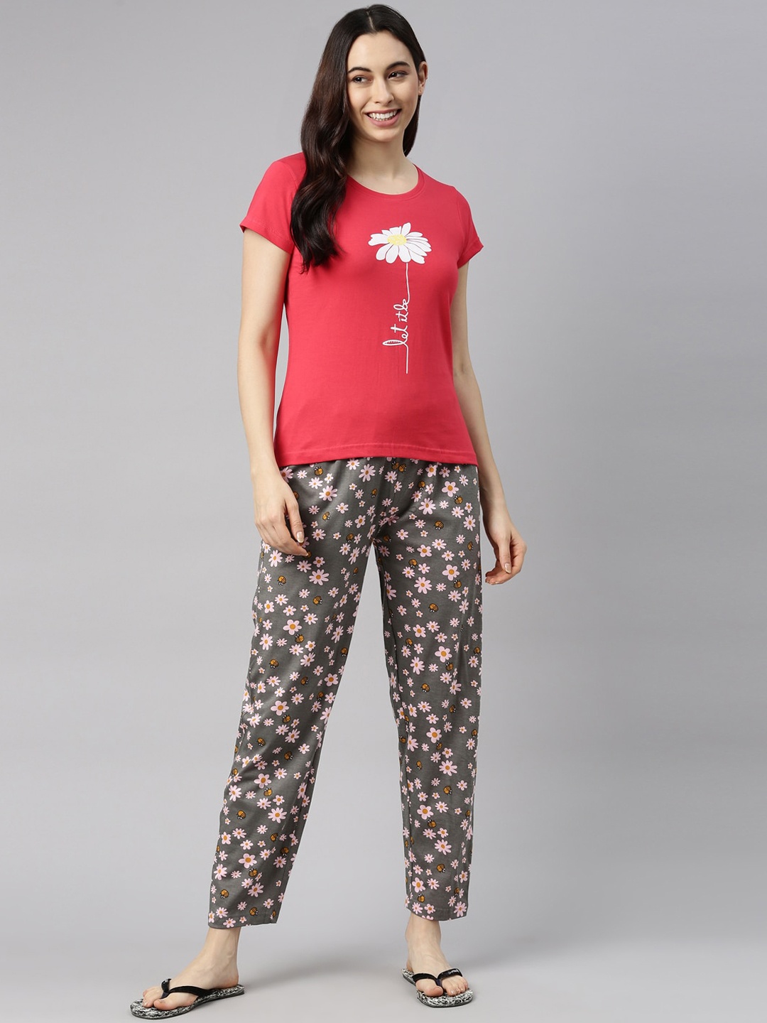 

Enviously Young Women Pink & Grey Printed Pure Cotton Night Suit